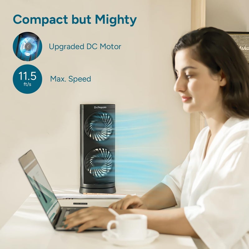 Dr. Prepare Tower Fan Oscillating Fan, Portable Desk Fan with 3-Speed Options, Dual Air Circulation, 110° Oscillation, 3 Timers, Personal Quiet Table Fan for Home Office Desktop Bedroom, 13 inch - Image 2